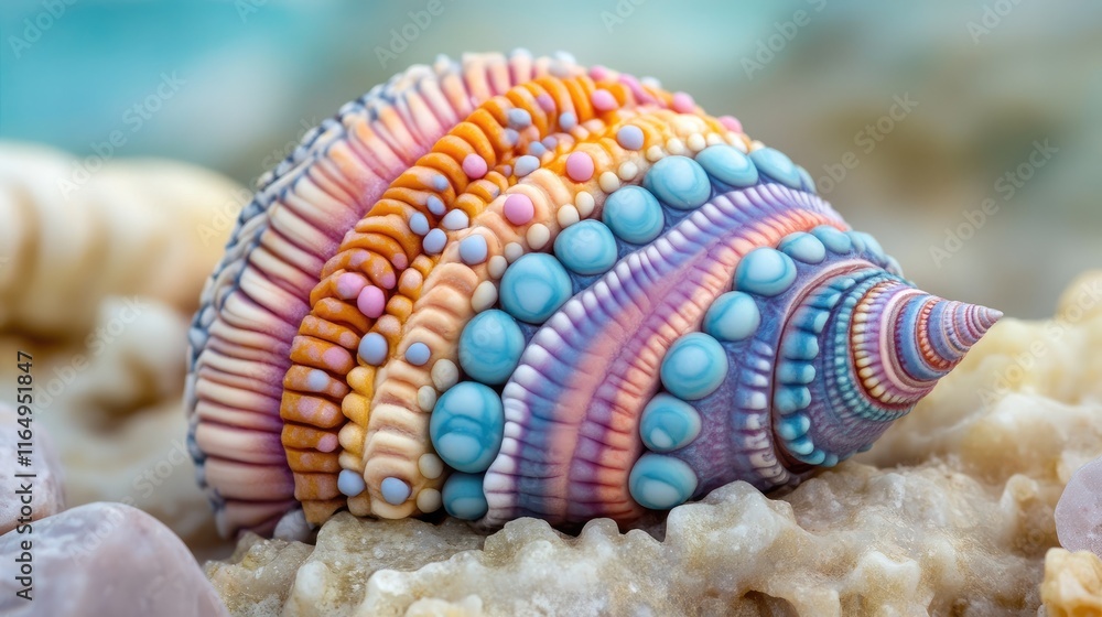 Poster colorful polymer clay seashell with intricate patterns showcasing vibrant hues and textures on a san