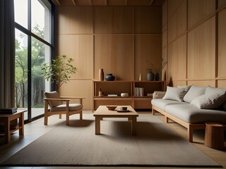 Japandi Minimalist Wooden Room with Muji Furniture and a Tranquil Ambiance