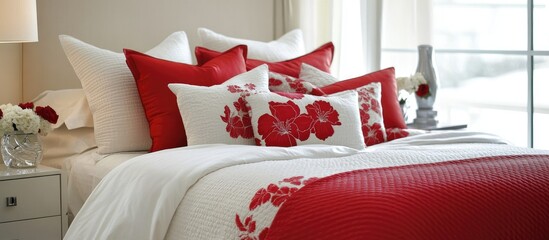 Cozy spacious bedroom with fresh linens and vibrant red pillows creating a bright and inviting home interior atmosphere