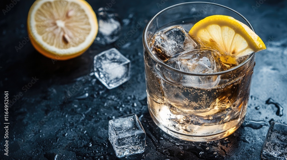 Poster refreshing cocktail with ice cubes and lemon slice served in a glass on a dark textured background w