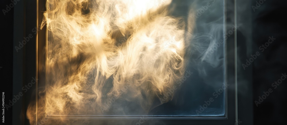 Poster mysterious window with swirling smoke and shadows illuminated by sunlight creating an intriguing con