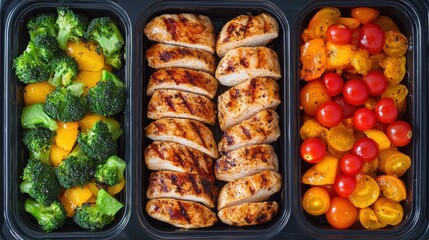 Grilled chicken breast, roasted broccoli & peppers, and cherry tomatoes in meal prep containers. Healthy and delicious meal prep for a balanced diet.