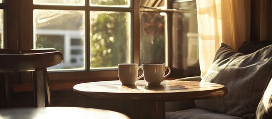 Fototapeta premium Cozy coffee corner featuring spacious table, warm sunlight, and inviting mugs perfect for relaxation and enjoyment in a homely setting
