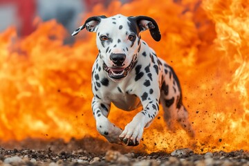Dalmatian dog running through fire. (1)