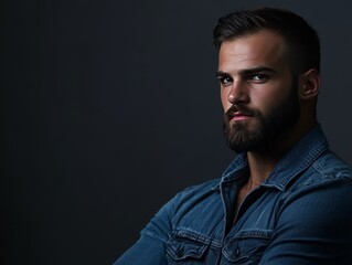 Obraz premium A close-up portrait of a man with a beard, wearing a denim jacket against a dark background.