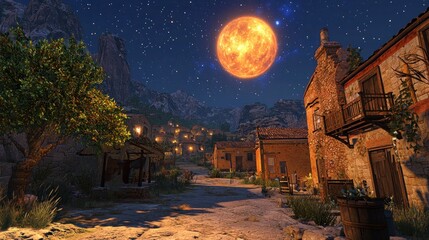 Naklejka premium A serene village scene under a starry night sky with a large moon.