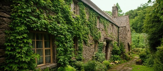 Obraz premium Charming stone cottage exterior enveloped in lush greenery offering a serene ambiance for nature-inspired home and garden design.
