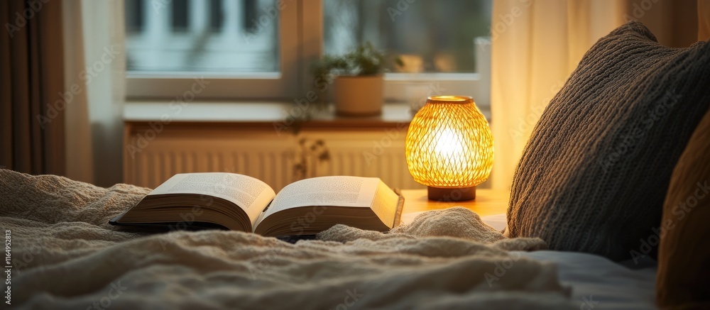 Poster cozy bedside table with a warm nightlight and an open book creating an inviting atmosphere for night