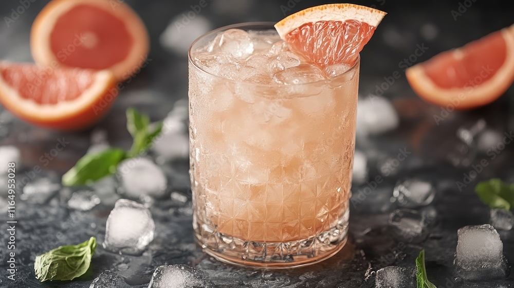 Poster refreshing cocktail with grapefruit juice cola and ice cubes garnished with a grapefruit slice vinta