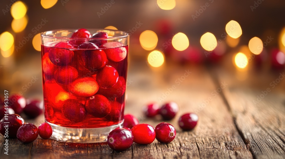 Poster Festive cranberry cocktail served in a glass on a rustic wooden bar with bokeh lighting creating a warm and inviting atmosphere.
