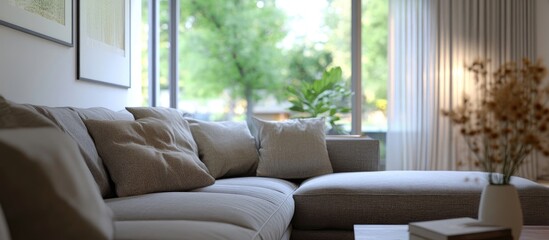 Modern living room with cozy gray sectional sofa showcasing elegant decor and natural light from large windows
