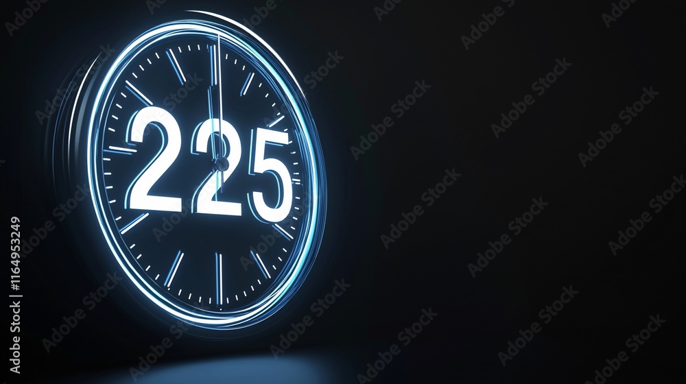 Poster neon clock showing 225. dark background.