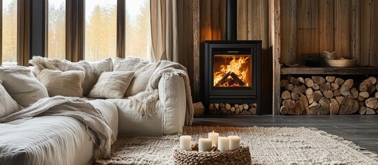 Warm and inviting rustic living room with a log burner creating a cozy atmosphere ideal for winter relaxation and comfort.