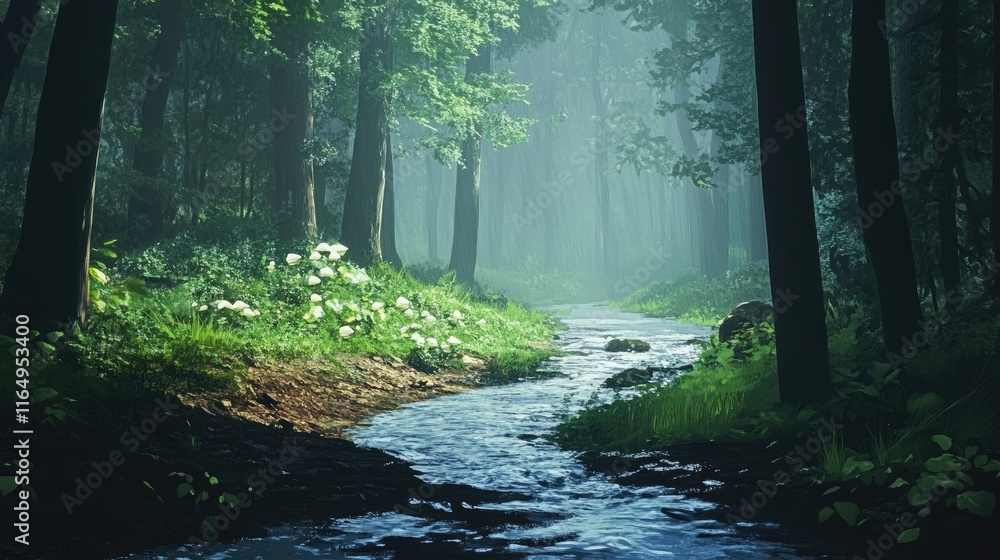Aufkleber serene forest creek with lush greenery and mist in the background creating a tranquil natural settin