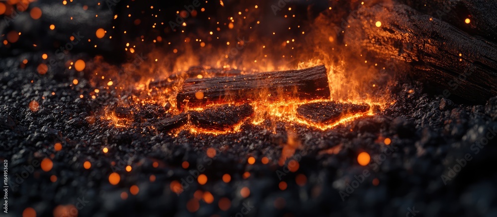 Poster warm glow of fireplace embers with flying sparks from burning logs creating a cozy and inviting ambi