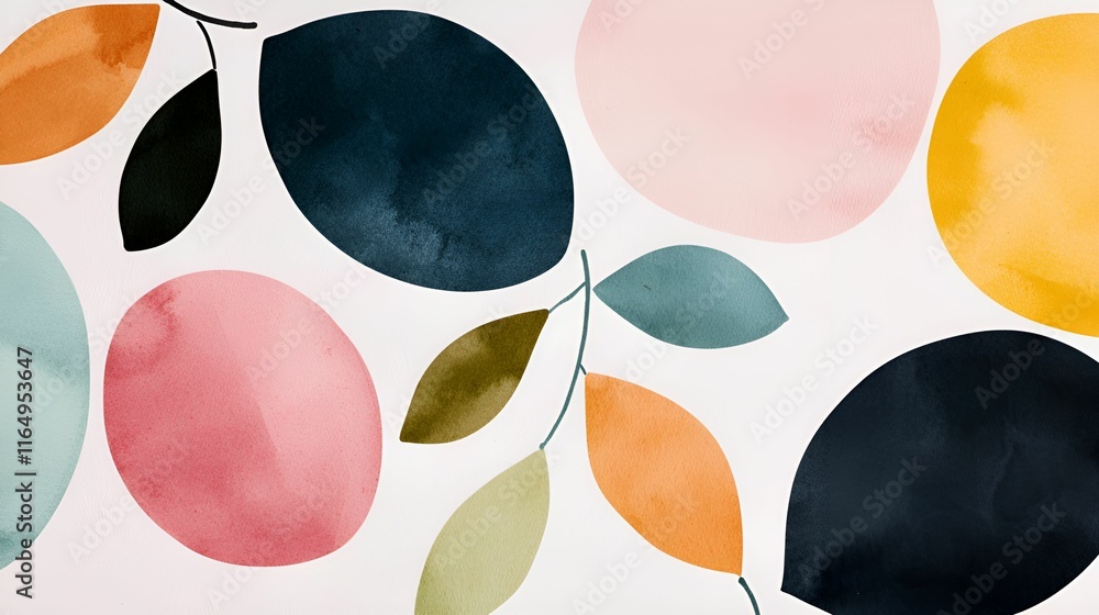 Poster rustic boho watercolor backdrop concept. colorful abstract shapes and leaves on a textured backgroun