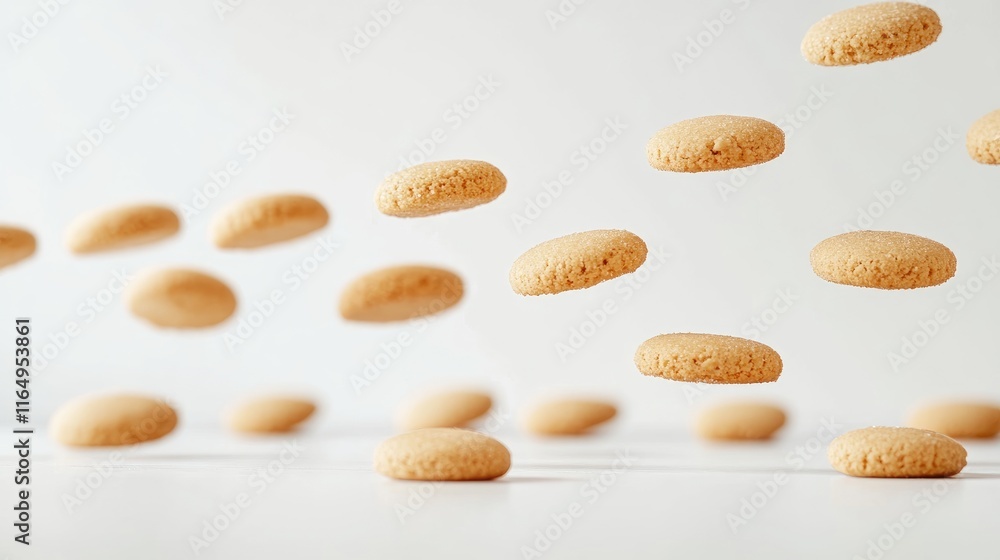 Poster floating cookies creating a playful scene on a white table with ample empty space for creative desig