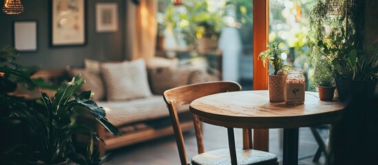 Inviting indoor cafe space with cozy seating warm lighting and lush greenery ideal for relaxation and casual gatherings