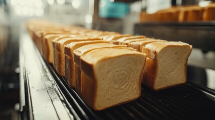 Conveyor Belt Processing Freshly Sliced Bread in Modern Bakery Production Line