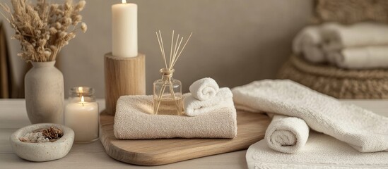 Tranquil home spa arrangement featuring warm beige and light grey tones ideal for relaxation and self-care rituals