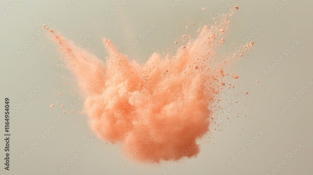 Poster abstract colorful powder explosion with soft orange hues creating textural depth against a neutral g