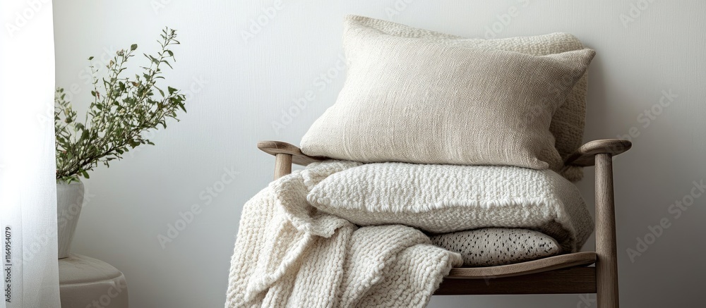 Poster cozy minimalist chair with soft pillows and warm blankets against a serene white wall creating a com