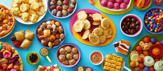 Vibrant assortment of delightful snacks and treats for a festive party celebration on a colorful table setting