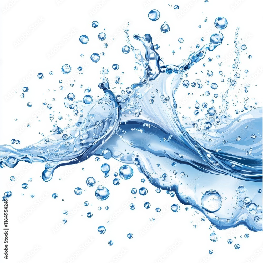 Poster dynamic water splash with bubbles isolated on white.