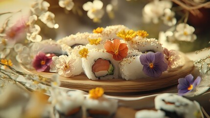 artistic sushi platter adorned with vibrant edible flowers and garnishes for an elegant dining experience