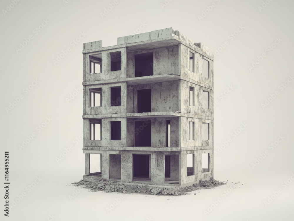 Poster a partially constructed concrete building with exposed structure and empty windows.