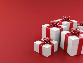 A collection of white gift boxes with red ribbons and bows on a red background.