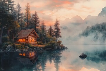 Obraz premium Serene Wooden Cabin by Misty Lake at Dawn