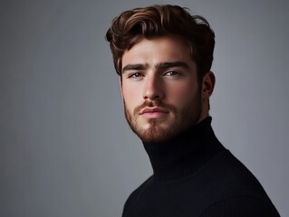 Fototapeta premium A portrait of a young man with a beard and stylish hairstyle, wearing a black turtleneck.