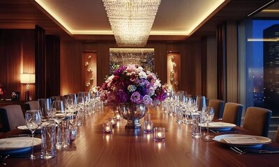 Elegant dining setup with floral centerpiece, candles, and fine tableware for a special event.