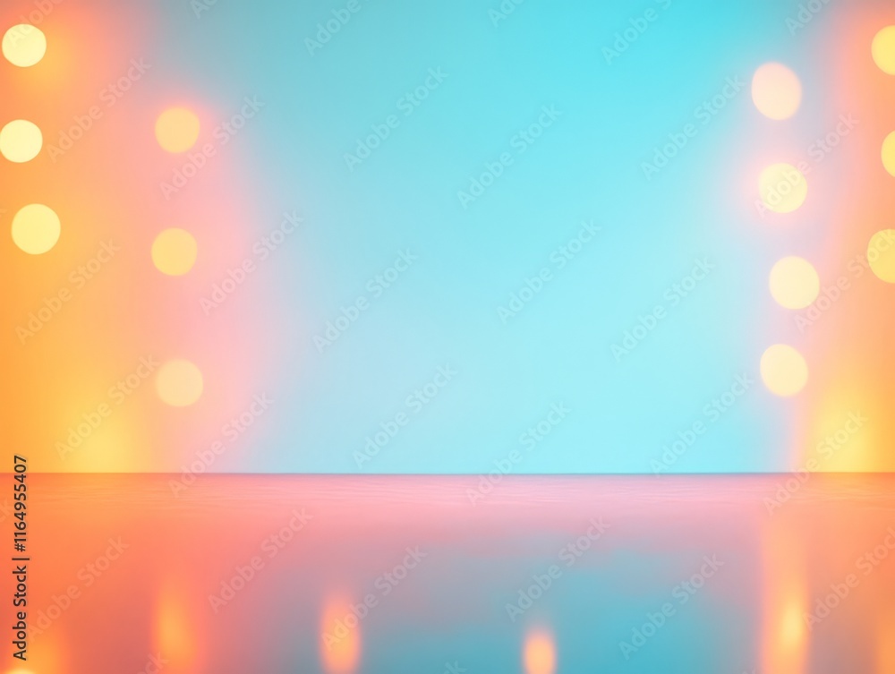 Poster a brightly lit stage with a smooth reflective surface and colorful background lights.
