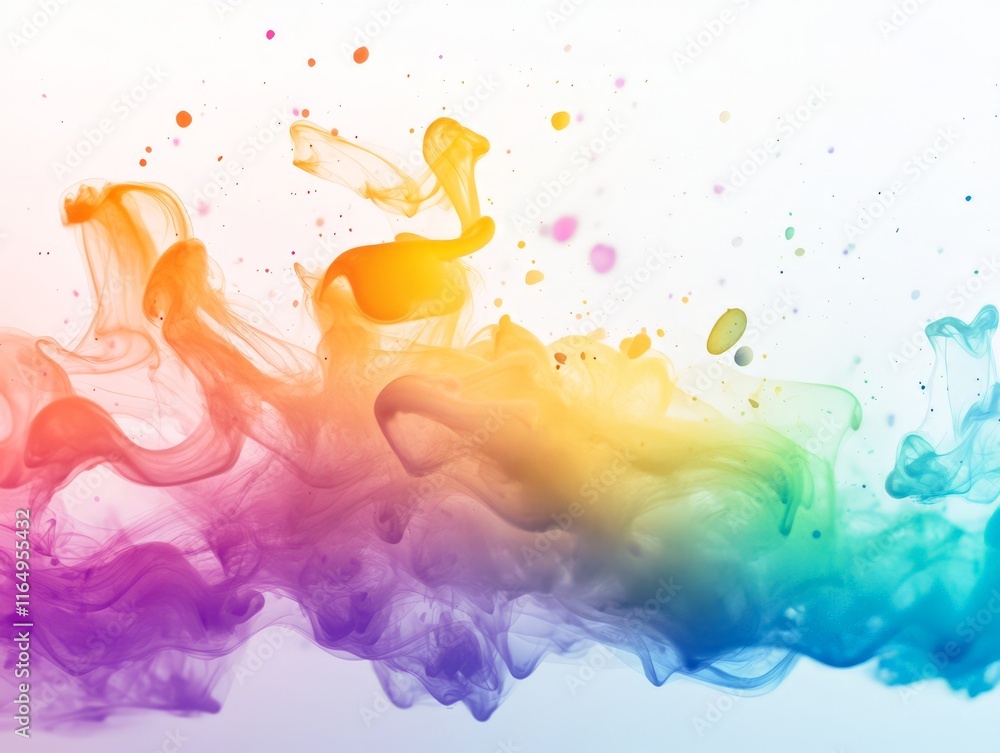 Poster abstract colorful smoke swirl with splashes, creating a vibrant artistic effect.