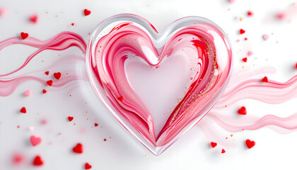 Glass Heart with Swirling Pink Abstract Design and Scattered Hearts
