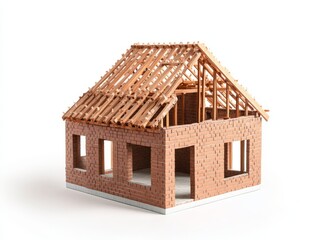 A partially constructed brick house with a wooden roof frame.