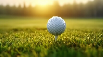 Obraz premium Close-Up Image of a Golf Ball on a Tee with a Beautiful Sunset in the Background Over a Lush Green Landscape