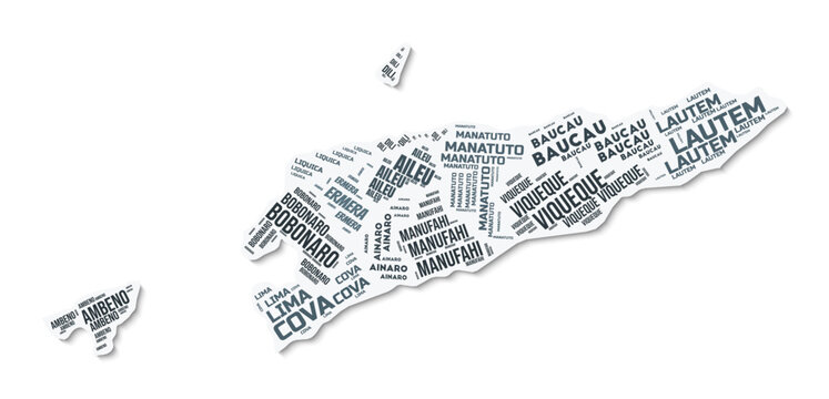 Timor-Leste shape text cloud. Country border with shadow on white background. Timor-Leste with regions division in vintage gazette style. Creative vector illustration.