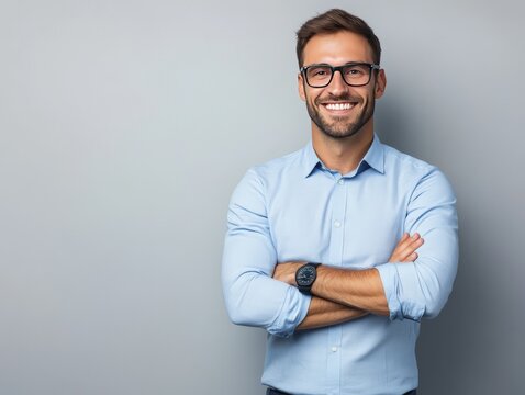 A smiling man in a light blue shirt and glasses poses confidently against a gray background.