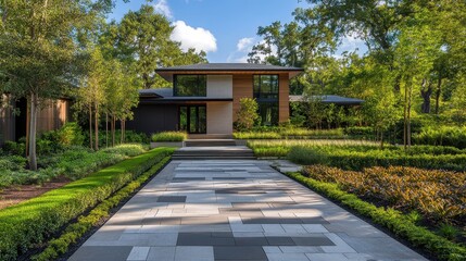 Fototapeta premium Modern house with landscaped walkway. Showcase luxury home design and landscaping.