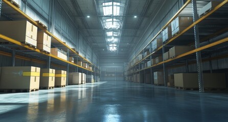 Vast warehouse interior with rows of stacked cardboard boxes on shelves.