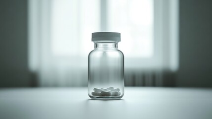 A Glass Bottle of Medication on a Tabletop in Soft Light.