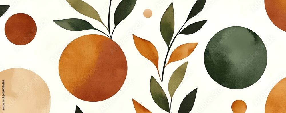 Poster rustic boho watercolor backdrop concept. abstract pattern featuring orange circles and green leaves 
