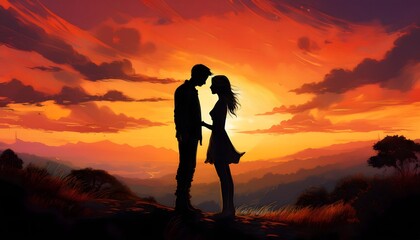 Romantic Couple Silhouette at Sunset Dramatic Sky Love Landscape