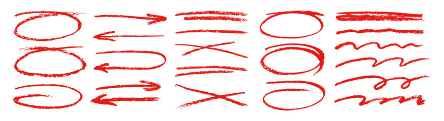 Red charcoal ovals, arrows and lines strokes different forms. Set of design elements on white background.Rough charcoal elements. Brush elements for notes and underlining in text