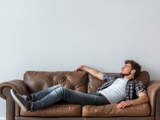 A young man relaxing on a brown couch, enjoying leisure time in a minimalist setting.