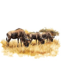 Fototapeta premium A Watercolor Painting of Three Wildebeest Grazing in the African Savanna.