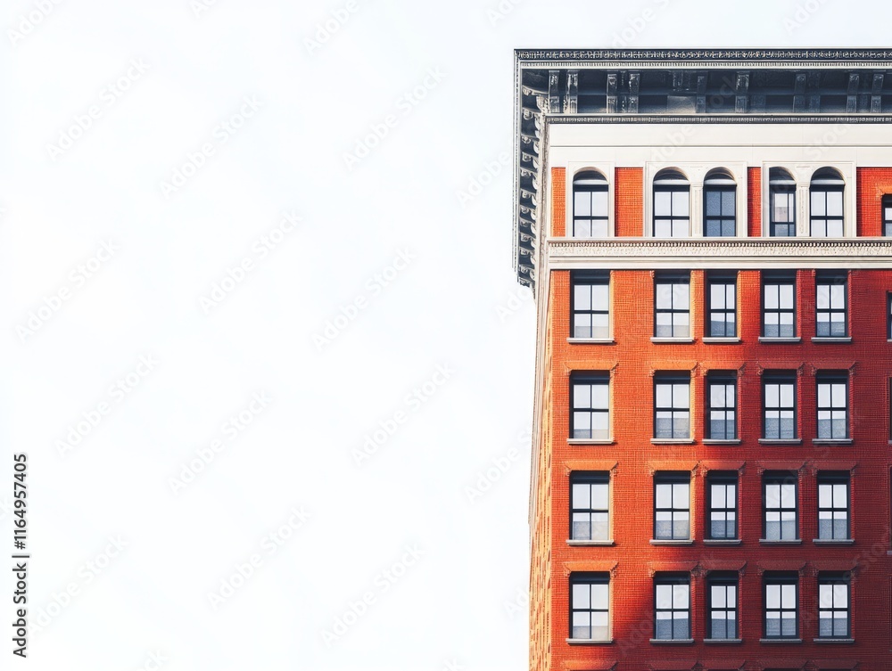 Poster a close-up view of a brick building corner with large windows against a clear sky.